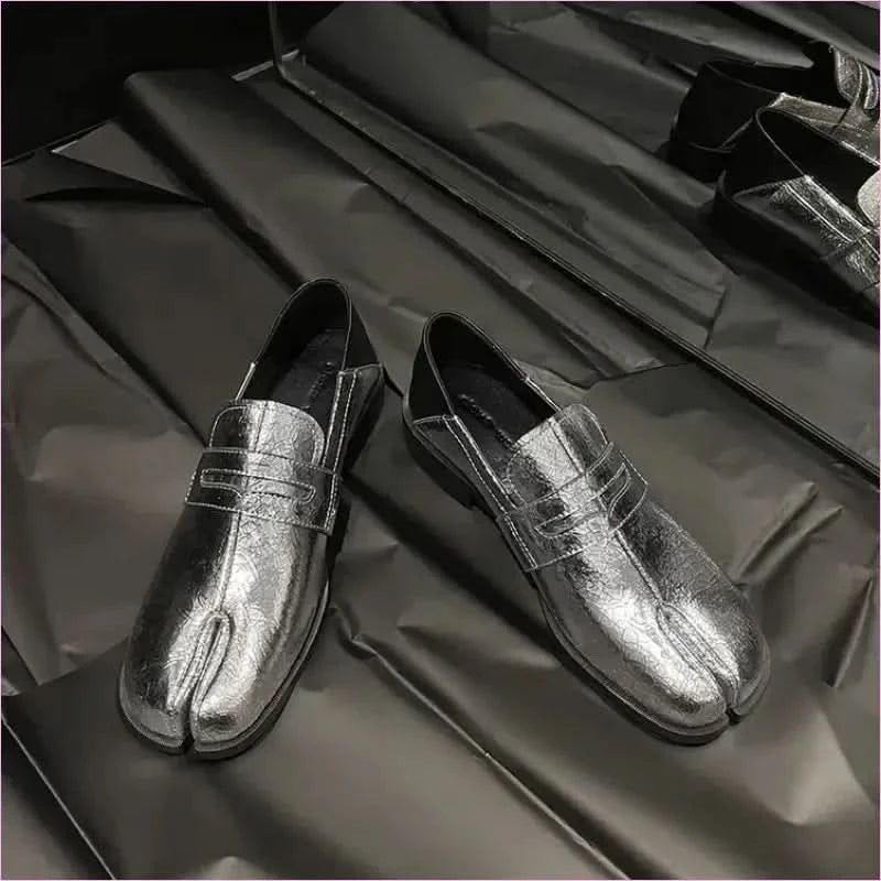 Metallic Silver Genuine Leather Split Toe Block Loafers for Women - Pleasures and Sins