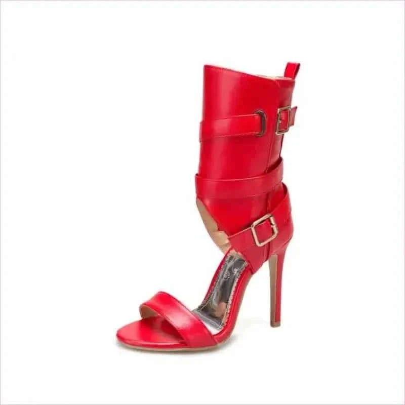 Open Toe Mid Leg Multi Buckle Sandals Drag Heels - Pleasures and Sins