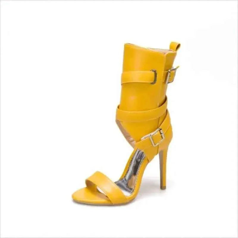 Open Toe Mid Leg Multi Buckle Sandals Drag Heels - Pleasures and Sins