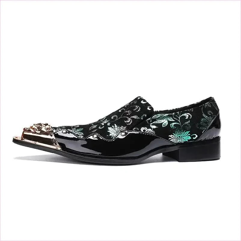 Ornate Black Dress Shoes with Pointed Toe Caps for Trendy Men - Pleasures and Sins