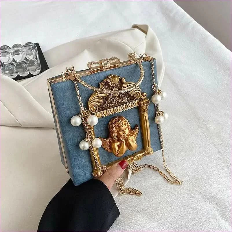 Ornate Black Shoulder Chain Bag with Cherub Detail - Pleasures and Sins