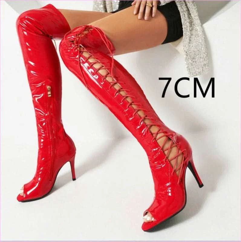Patent Stretch Over-the-knee Boots with 5cm Heel and Open Toe - Pleasures and Sins