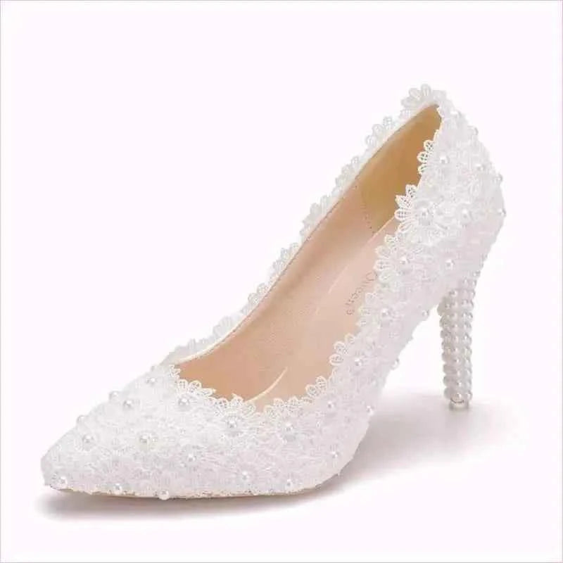 Pearl Encrusted Lace Stiletto Wedding Shoes in Large Size - Pleasures and Sins