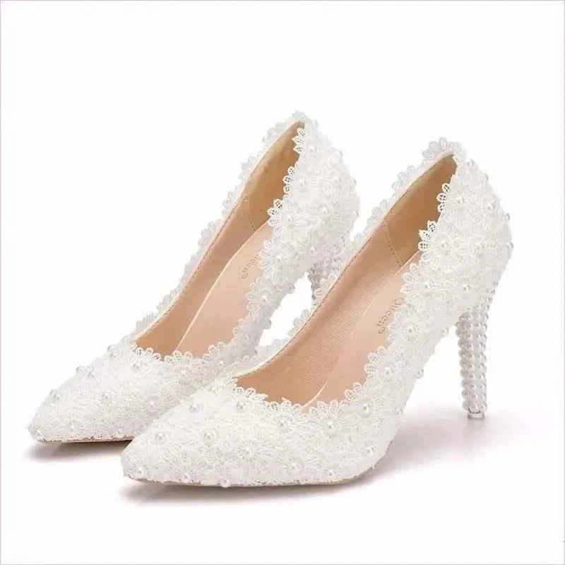Pearl Encrusted Lace Stiletto Wedding Shoes in Large Size - Pleasures and Sins