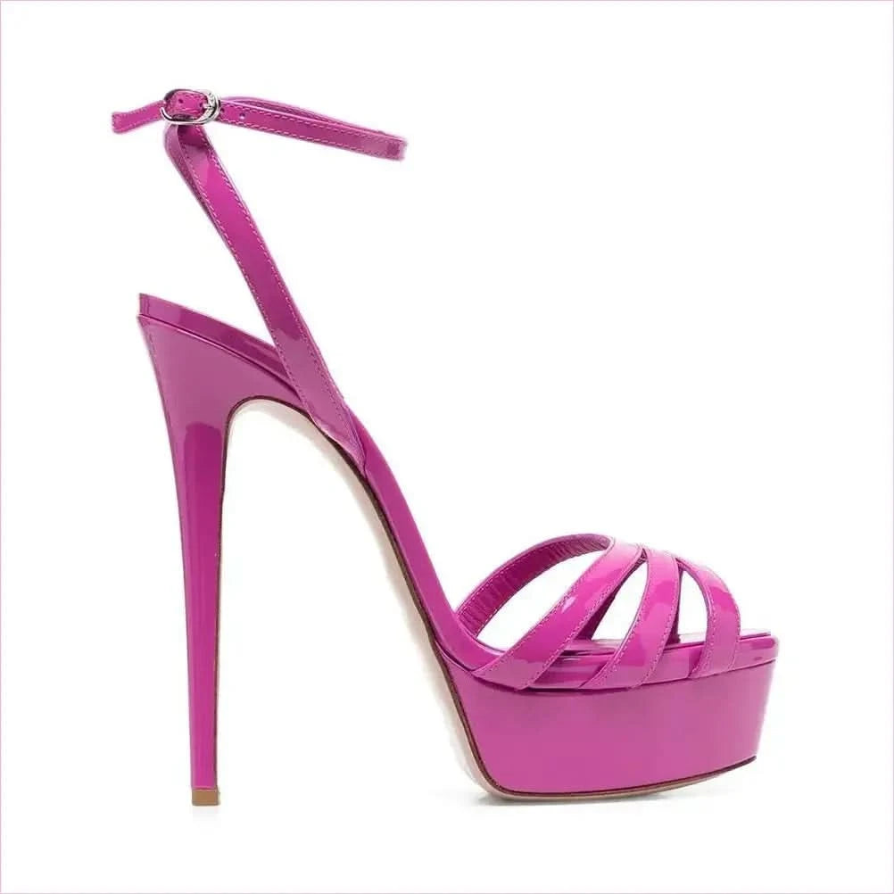 Pink Platform Sandals with Ankle Buckle and Slim Heels - Pleasures and Sins