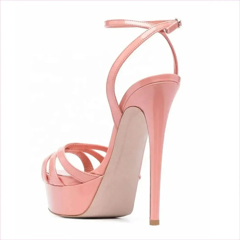 Pink Platform Sandals with Ankle Buckle and Slim Heels - Pleasures and Sins
