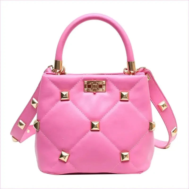 Pink Quilted Large Capacity Single Shoulder Studded Bucket Handbag - Pleasures and Sins