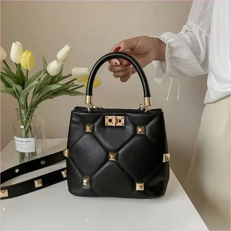 Pink Quilted Large Capacity Single Shoulder Studded Bucket Handbag - Pleasures and Sins