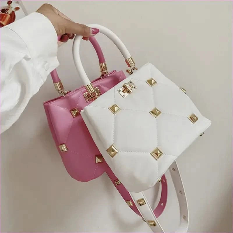 Pink Quilted Large Capacity Single Shoulder Studded Bucket Handbag - Pleasures and Sins