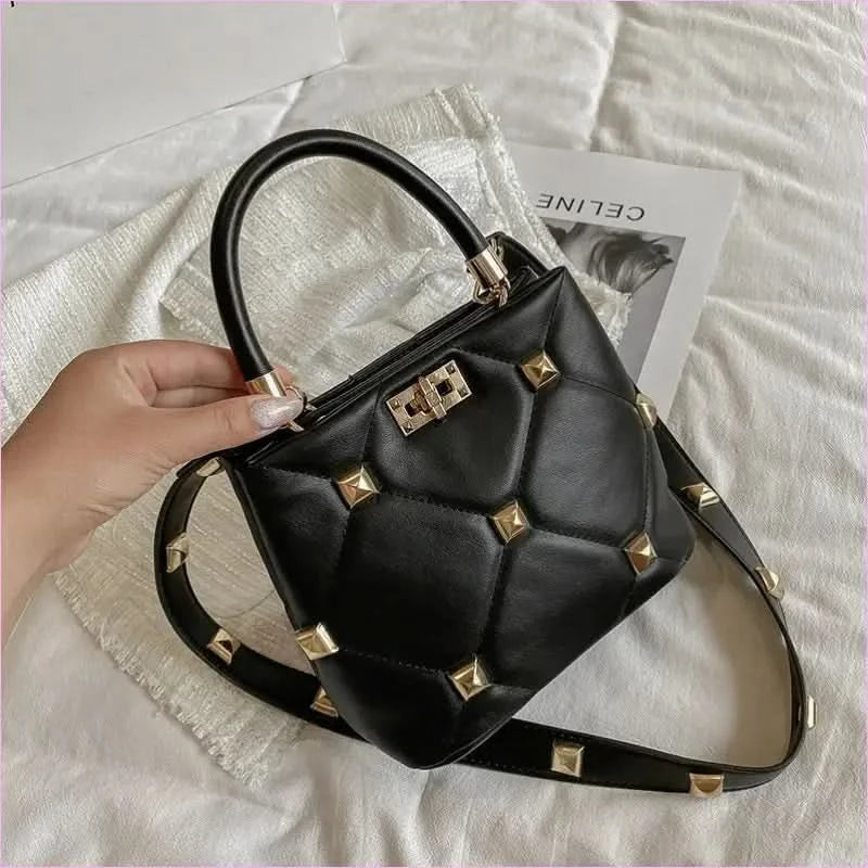 Pink Quilted Large Capacity Single Shoulder Studded Bucket Handbag - Pleasures and Sins