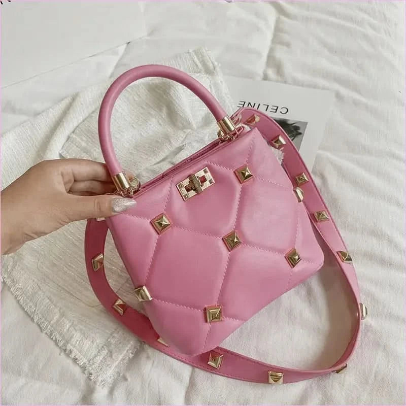Pink Quilted Large Capacity Single Shoulder Studded Bucket Handbag - Pleasures and Sins