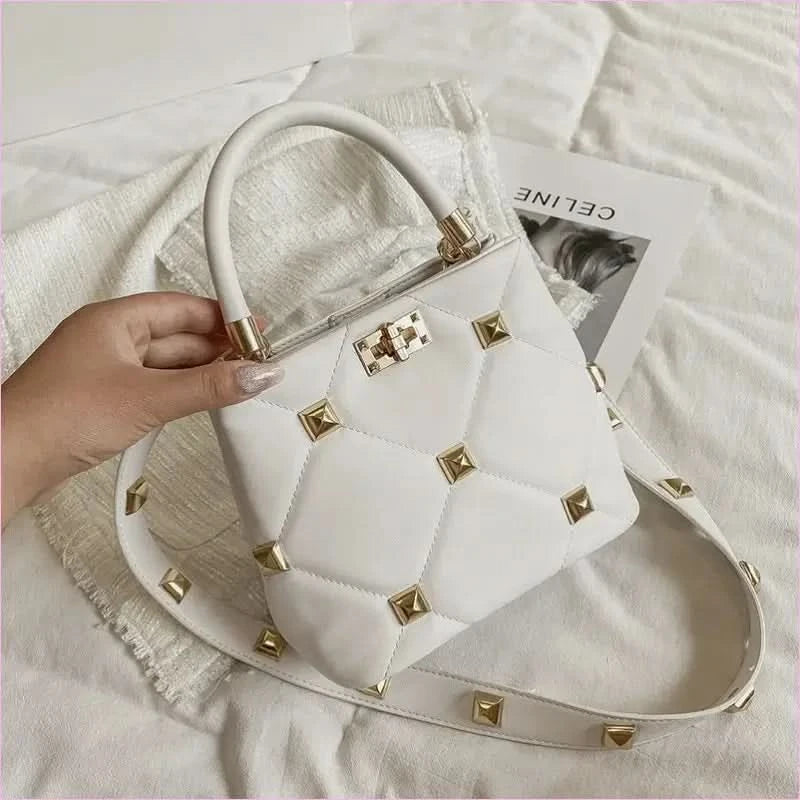 Pink Quilted Large Capacity Single Shoulder Studded Bucket Handbag - Pleasures and Sins