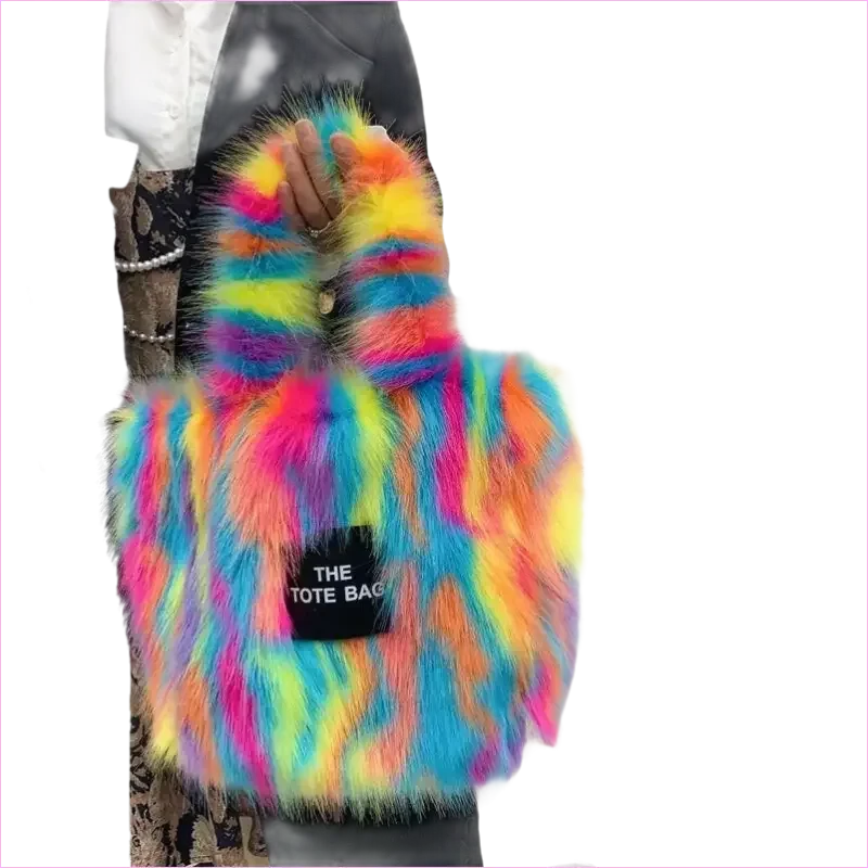 Rainbow Faux Fur Crossbody Tote Bag with Large Capacity - Pleasures and Sins