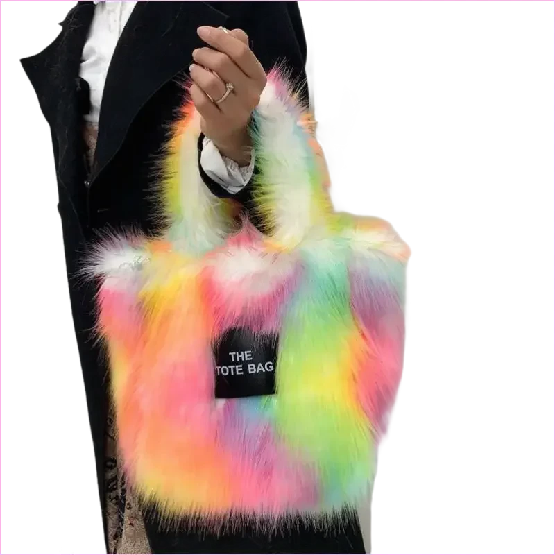 Rainbow Faux Fur Crossbody Tote Bag with Large Capacity - Pleasures and Sins