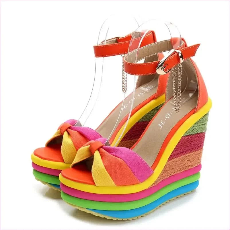 Rainbow Platform Wedge Sandals with Bow and Ankle Strap for Ladies - Pleasures and Sins