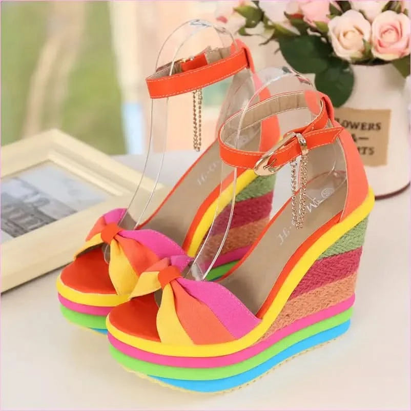 Rainbow Platform Wedge Sandals with Bow and Ankle Strap for Ladies - Pleasures and Sins