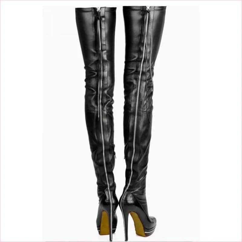 Real Leather Thigh Length Platform Boots in Black - Pleasures and Sins