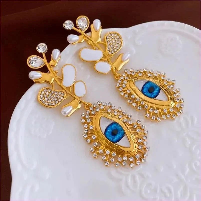 Retro High-end Diamante Evil Eye Earrings with Blue Centerpieces - Pleasures and Sins