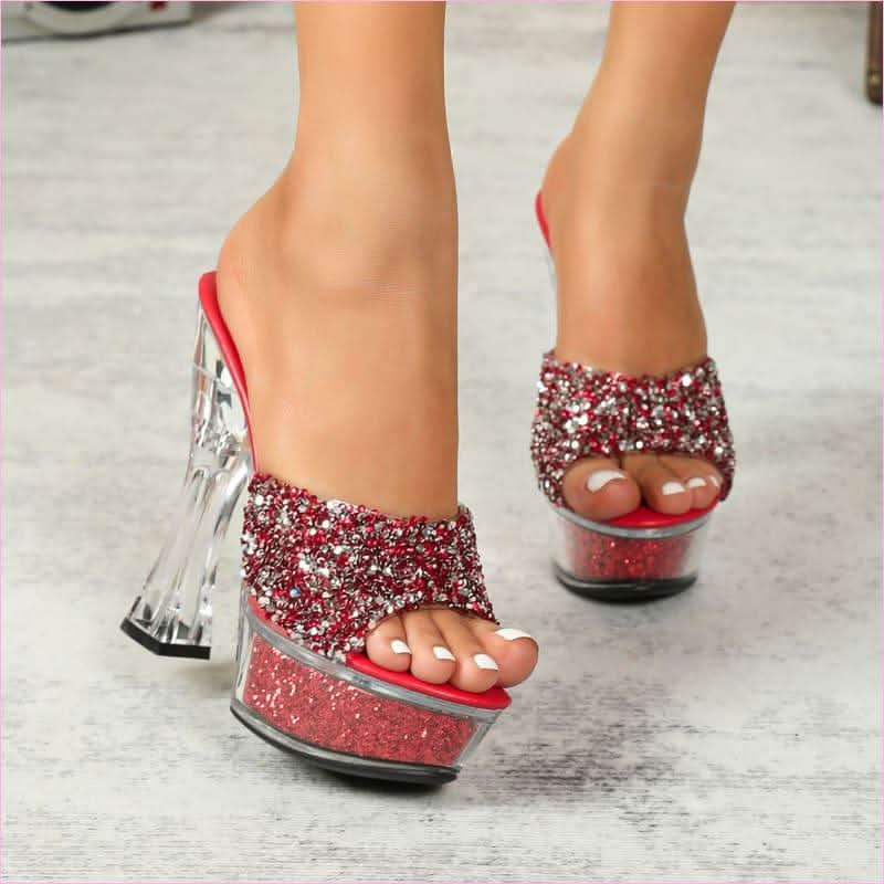 Rhinestone High Heel Glass Slipper Sandals for Women - Pleasures and Sins