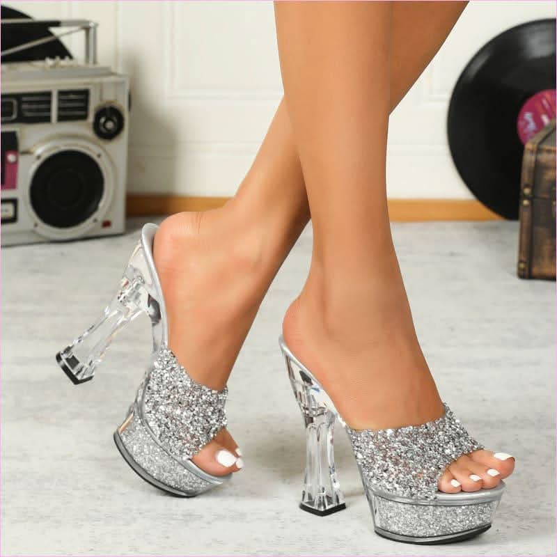 Rhinestone High Heel Glass Slipper Sandals for Women - Pleasures and Sins