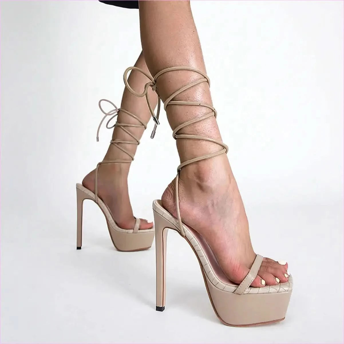 Roman Strappy Sandals with Square Toe and High Platform Stiletto Heels - Pleasures and Sins