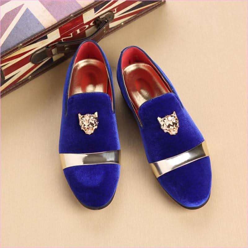 Royal Blue Velour Formal Shoes with Metal Lion Head Motif - Pleasures and Sins