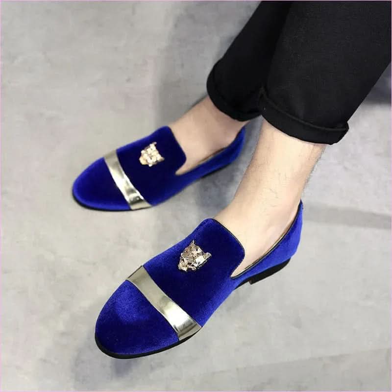 Royal Blue Velour Formal Shoes with Metal Lion Head Motif - Pleasures and Sins