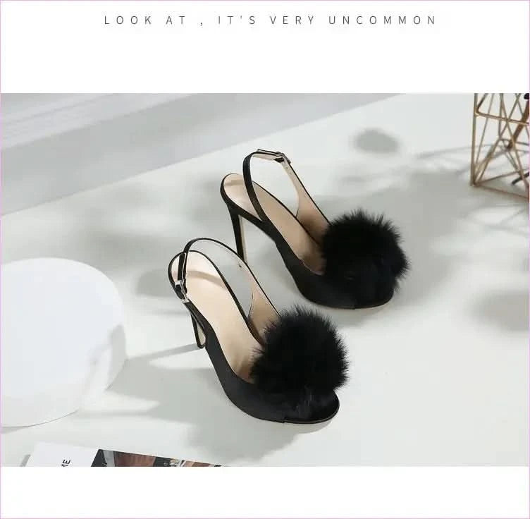 Satin Fish Mouth Women’s High-heeled Sandals with Pom Poms - Pleasures and Sins