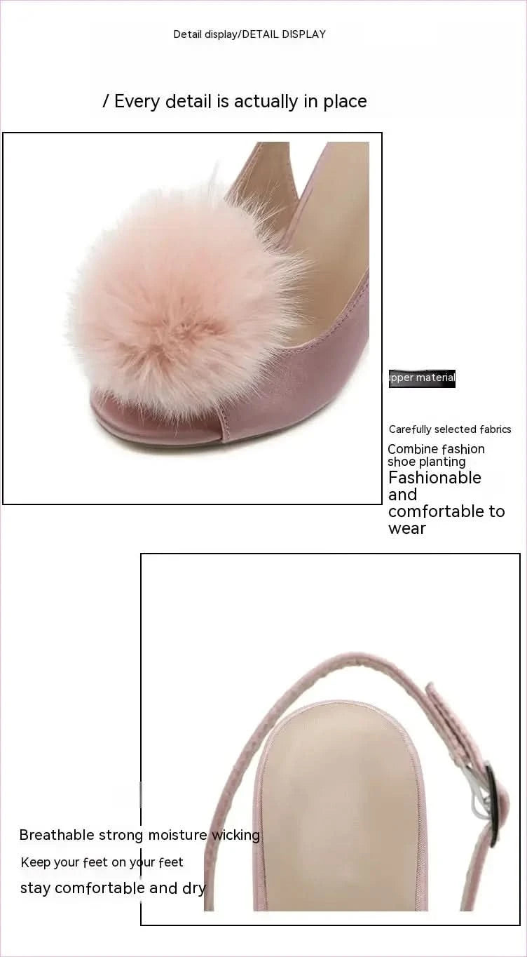 Satin Fish Mouth Women’s High-heeled Sandals with Pom Poms - Pleasures and Sins