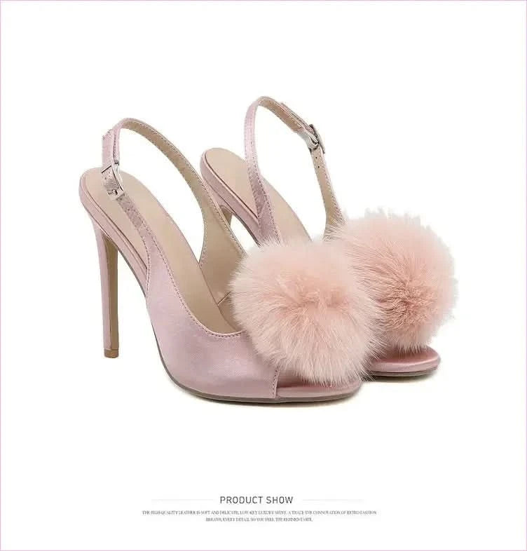 Satin Fish Mouth Women’s High-heeled Sandals with Pom Poms - Pleasures and Sins