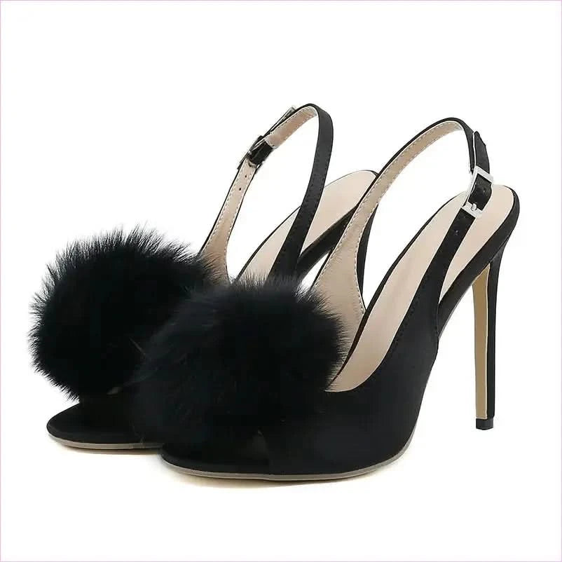 Satin Fish Mouth Women’s High-heeled Sandals with Pom Poms - Pleasures and Sins
