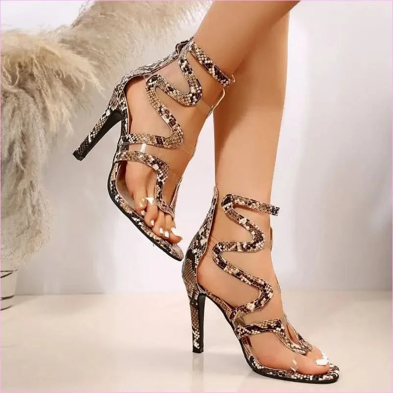 Serpentine Cross Strap Open Toe High Heel Sandals in Black and Silver - Pleasures and Sins