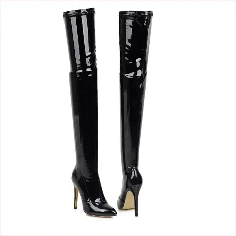 Shiny Black Thigh-high Patent Leather High Heel Womens Boots - Pleasures and Sins