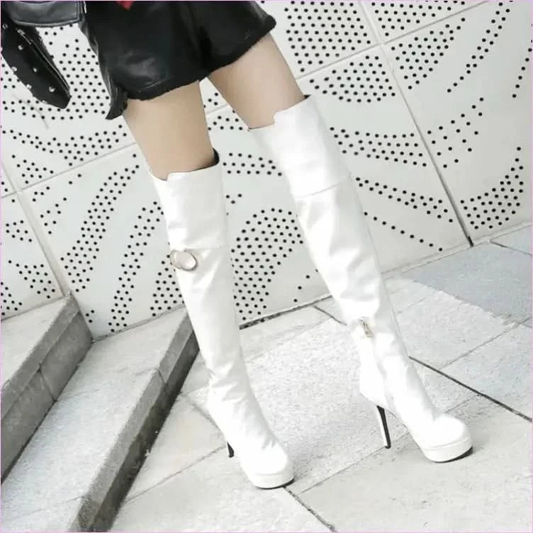 Shiny Black Unisex Platform High Heel Round Toe Knee Boots with Metal Ring - Pleasures and Sins