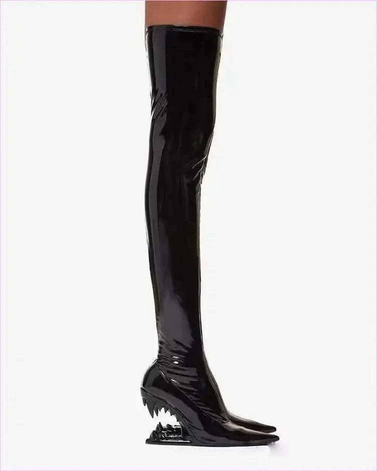 Shiny Red Fitted Luxury Thigh Length Boots with Shark Mouth Heels - Pleasures and Sins