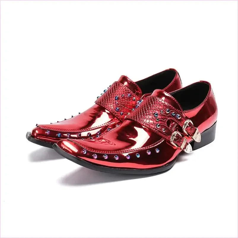 Shiny Red Pointed Patent Embossed Leather Men’s Shoes - Pleasures and Sins