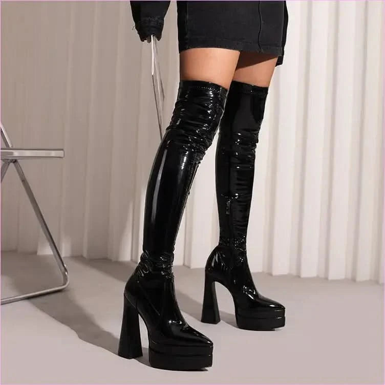 Shiny Red Skin Tight Patent Chunky Heel Thigh-high Boots - Pleasures and Sins