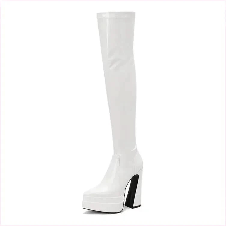Shiny Red Skin Tight Patent Chunky Heel Thigh-high Boots - Pleasures and Sins