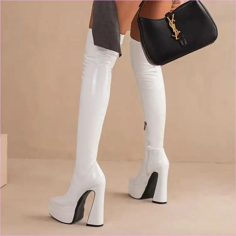 Shiny Red Skin Tight Patent Chunky Heel Thigh-high Boots - Pleasures and Sins
