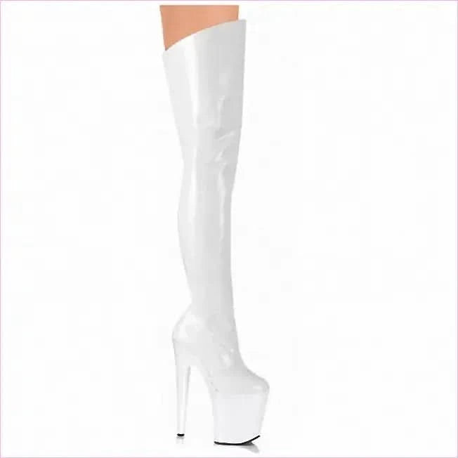 Shiny Red Thigh Length Platform Boots with 8 Inch Stiletto Heel - Pleasures and Sins