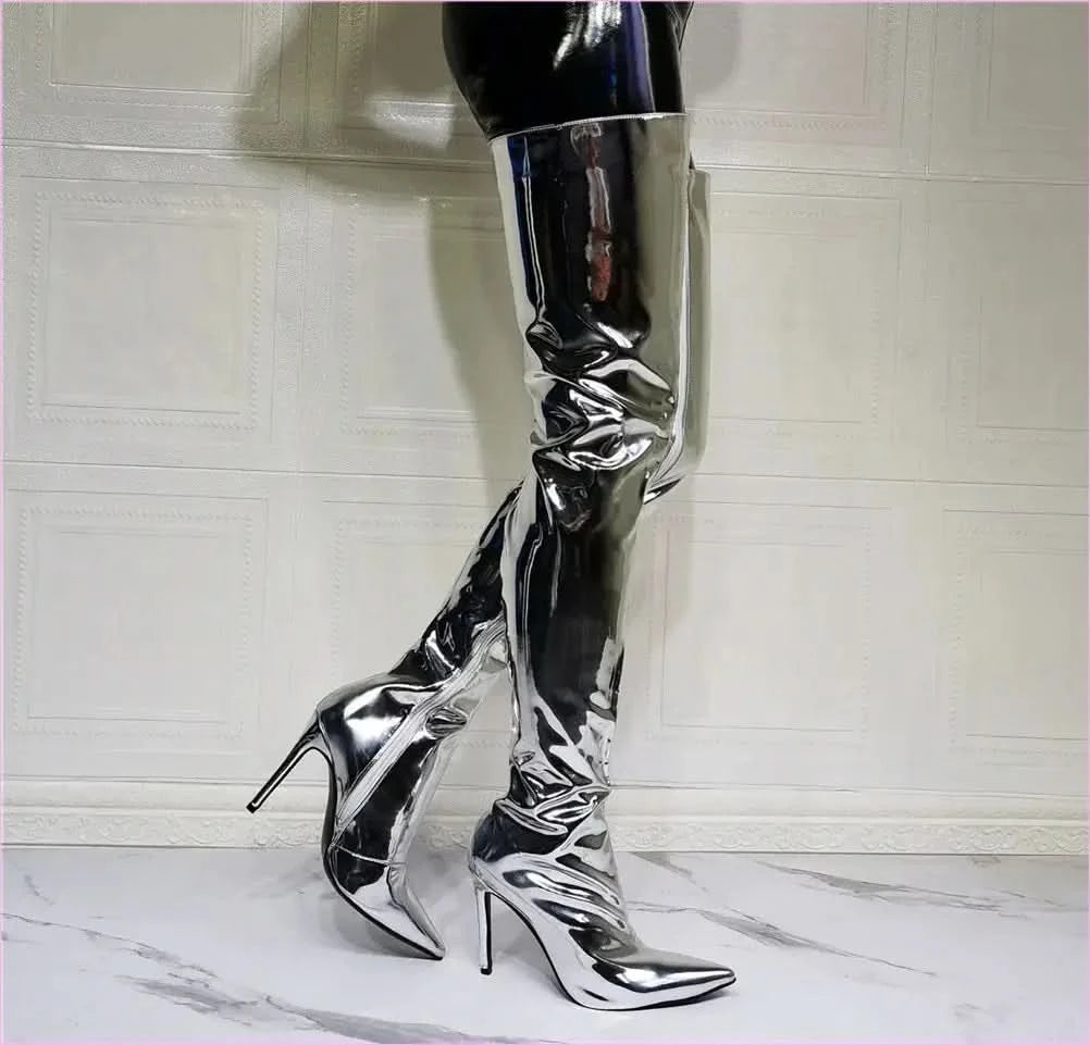 Shiny Silver Thigh High Unisex Boots with Pointed Toe and Stiletto Heel - Pleasures and Sins