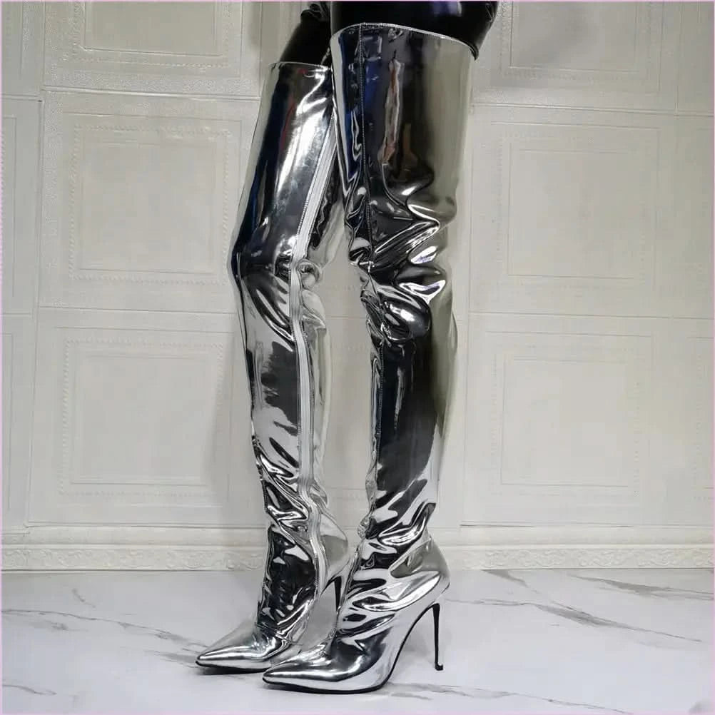 Shiny Silver Thigh High Unisex Boots with Pointed Toe and Stiletto Heel - Pleasures and Sins