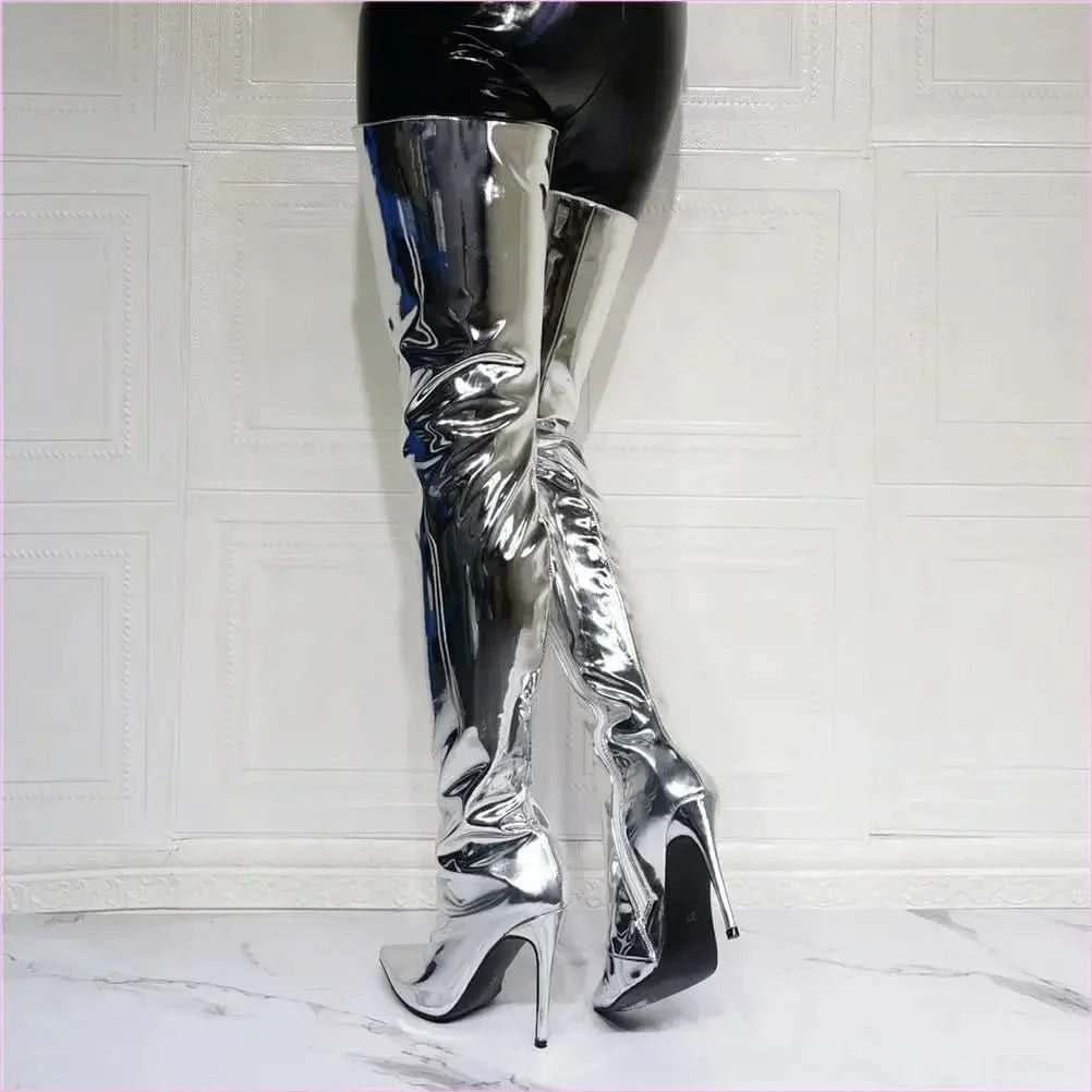 Shiny Silver Thigh High Unisex Boots with Pointed Toe and Stiletto Heel - Pleasures and Sins