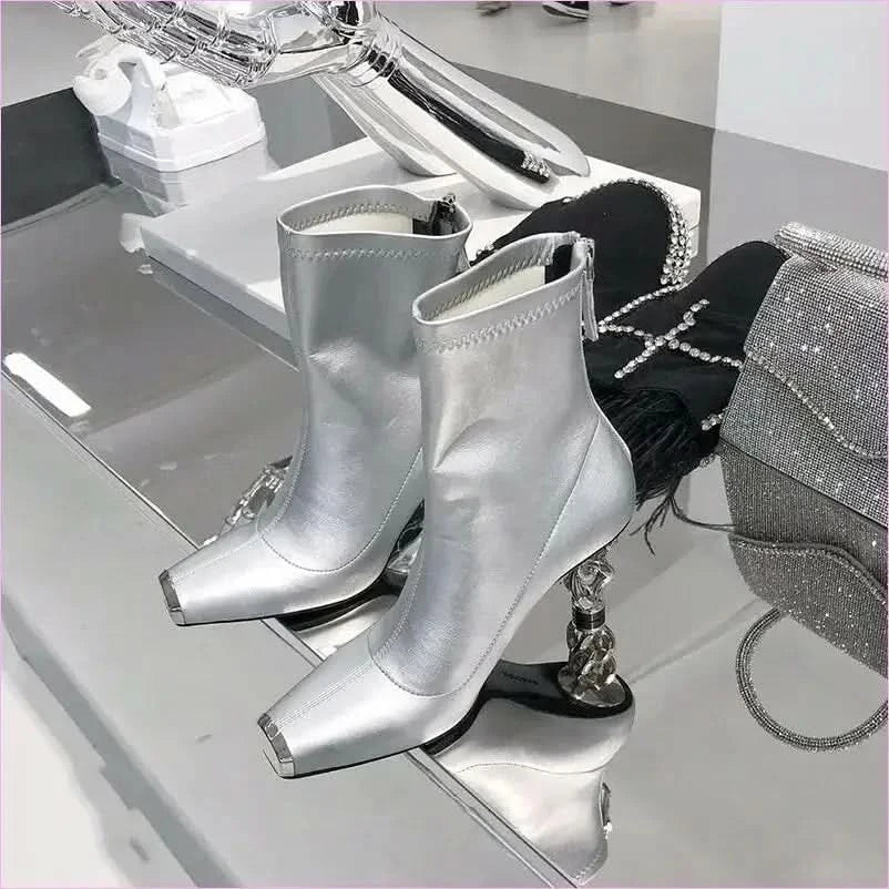 Silver Versatile Womens Boots with Unique Metal Heel and Square Toe - Pleasures and Sins
