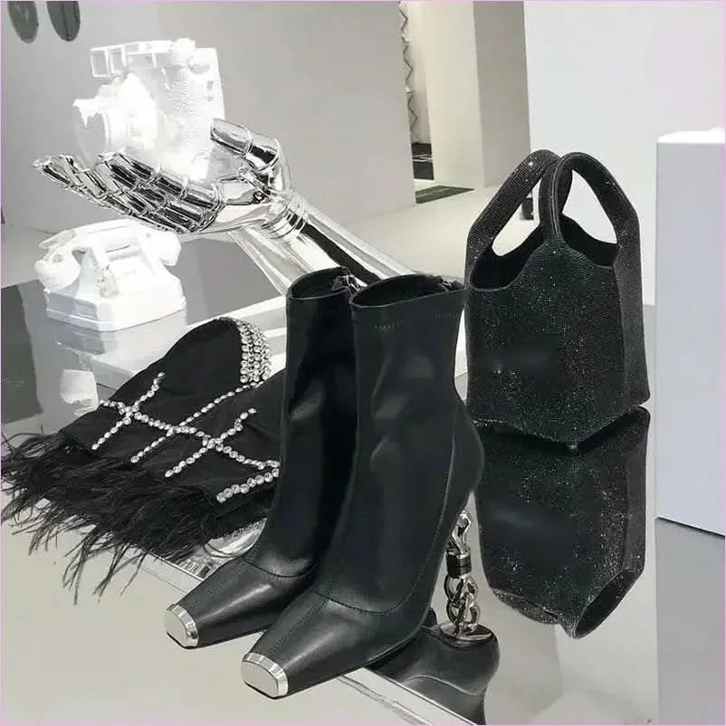 Silver Versatile Womens Boots with Unique Metal Heel and Square Toe - Pleasures and Sins