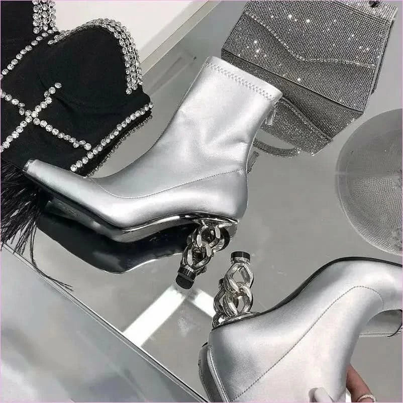 Silver Versatile Womens Boots with Unique Metal Heel and Square Toe - Pleasures and Sins