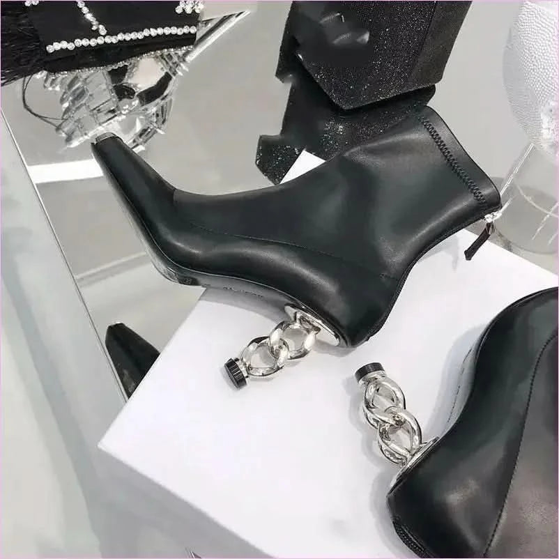 Silver Versatile Womens Boots with Unique Metal Heel and Square Toe - Pleasures and Sins