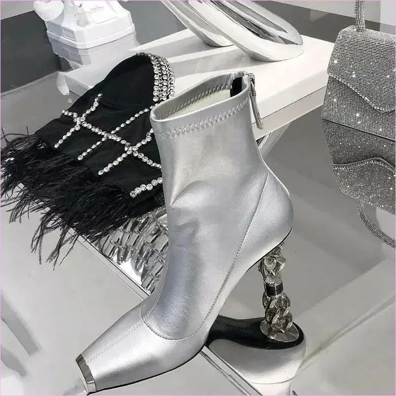 Silver Versatile Womens Boots with Unique Metal Heel and Square Toe - Pleasures and Sins
