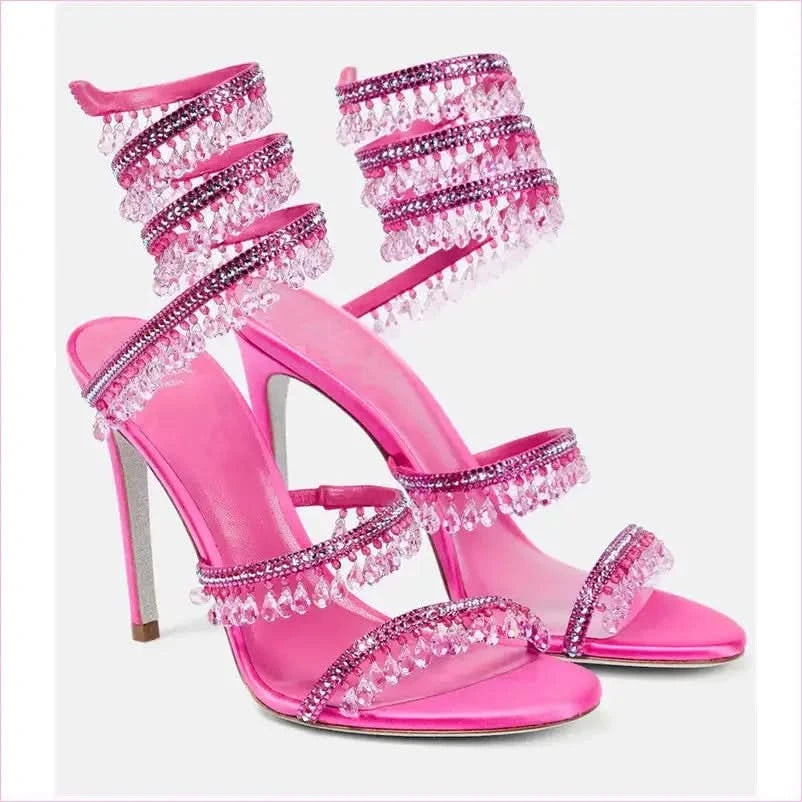 Snake Wrapped Rhinestone Tassel Open Toe High-heeled Sandals - Pleasures and Sins
