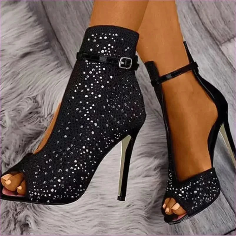 Sparkly Black High Heel Buckle Strap Rhinestone Sandals - Pleasures and Sins